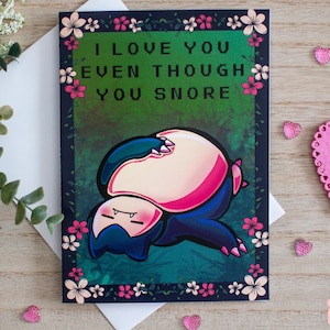 Tarjeta linda y nerd kawaii de Snorlax con diseño de fan art de Pokémon / Tarjeta de San Valentín / Tarjeta de aniversario / Tarjeta de cumpleaños / Regalo de Pokémon / Linda / Divertida