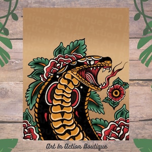 Cool, Awesome, Traditional Tattoo Cobra Snake Tattoo Flash Artwork, Poster Art, 8&quot; 10&quot; Print, Witch Print, Occult artwork, Perfect gift,