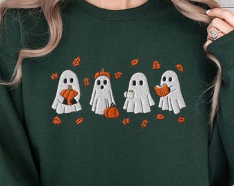 Broderad Halloween-tröja: Läskigt spöke och pumpa-design