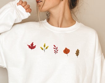Embroidered Fall Leaves Crewneck Sweatshirt: Autumn Sweater Weather