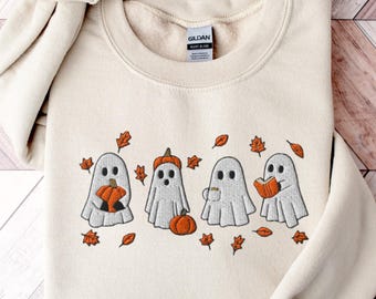 Broderad Halloween-tröja: Läskigt spöke och pumpa-design