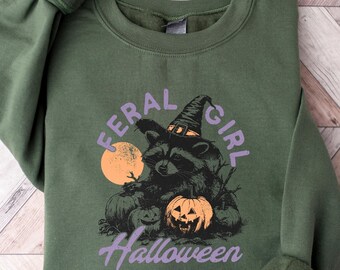 Retro Raccoon Halloween Sweatshirt: Funny Witch Pullover