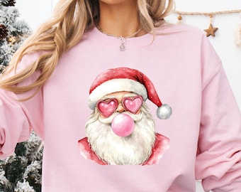 Sudadera navideña retro de Papá Noel: cuello redondo rosa festivo