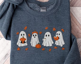 Broderad Halloween-tröja: Läskigt spöke och pumpa-design