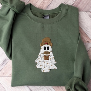 Ghost Embroidered Sweatshirt: Halloween Ice Coffee Shirt
