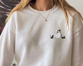Geborduurd Ghost Cat-sweater: Spooky Halloween-ronde hals