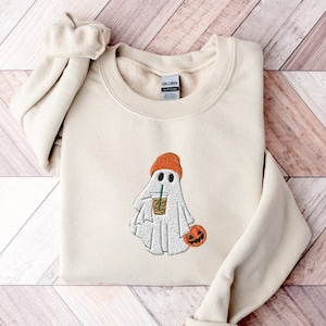 Cute Ghost Drinking Coffee Sweatshirt, Ghost Ice Coffee, Spooky Season, Fall Coffee Lover Hoodie, Halloween Party Shirt, Fall Graphic Shirt
