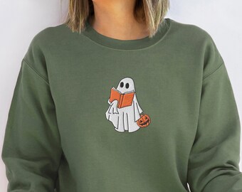 Sudadera con bordado de fantasma leyendo un libro: cuello redondo espeluznante para Halloween