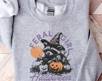 Retro Raccoon Witch Sweatshirt: Funny Halloween Pullover