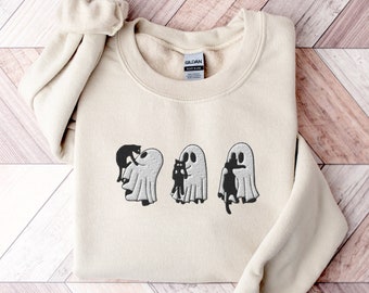 Embroidered Ghost Cat Sweatshirt: Spooky Halloween Crewneck