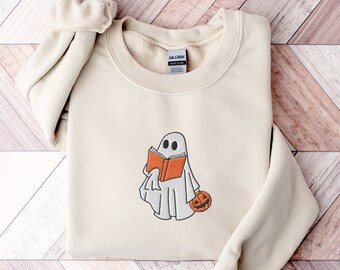 Sudadera con bordado de fantasma leyendo un libro: cuello redondo espeluznante para Halloween