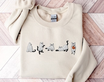 Embroidered Ghost Cat Halloween Sweatshirt: Spooky Season Shirt