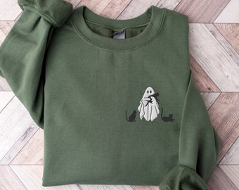 Embroidered Ghost Cat Sweatshirt: Spooky Halloween Crewneck