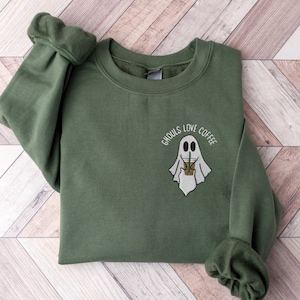 Cute Ghost Drinking Coffee Sweatshirt, Ghost Ice Coffee, Spooky Season, Fall Coffee Lover Hoodie, Halloween Party Shirt, Fall Graphic Shirt