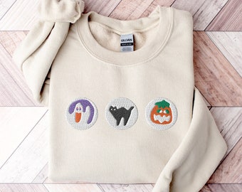 Halloween Cookies Boo Embroidered Sweatshirt, Spooky Season Crewneck Sweatshirt, Ghost and Pumpkin Embroidered