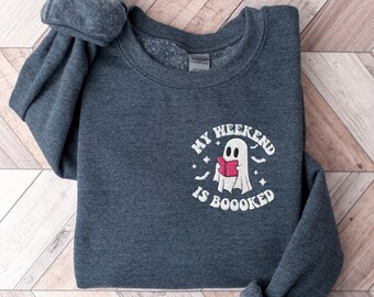 Embroidered Ghost Reading Sweatshirt: Bookish Halloween Crewneck