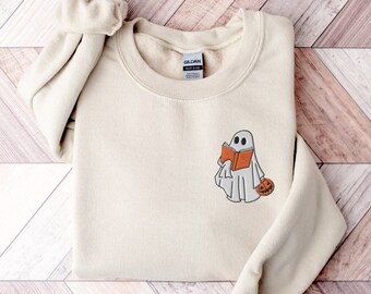 Besticktes Ghost Reading Sweatshirt - Bookish Halloween Crewneck