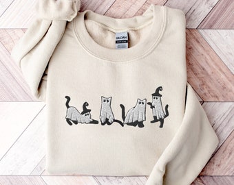 Embroidered Ghost Cat Halloween Sweatshirt: Spooky Season Shirt