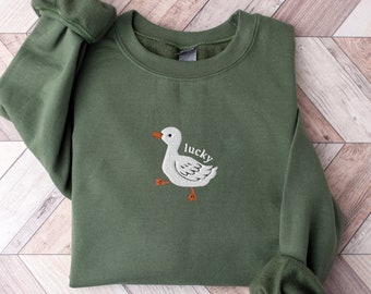 Embroidered Lucky Duck Sweatshirt, Embroidered Duck Crewneck Sweatshirt, Silly Goose Shirt, Funny Sweatshirt, Funny Embroidered Shirt