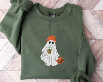 Sudadera con bordado de café fantasma: Camiseta de otoño de la temporada espeluznante