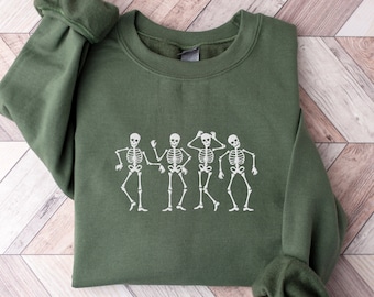 Embroidered Dancing Skeleton Crewneck, Halloween Skeleton Sweatshirt, Vintage Halloween Sweatshirt, Embroidered Halloween Sweater, Crewneck