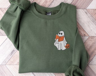 Sudadera con bordado de fantasma leyendo un libro: cuello redondo espeluznante para Halloween