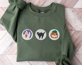 Embroidered Halloween Sweatshirt: Ghost, Cat, Pumpkin Crewneck