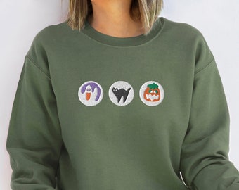 Halloween Embroidered Sweatshirt: Spooky Ghost, Pumpkin, Cat Crewneck