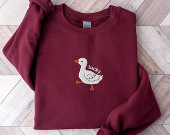 Sweat-shirt brodé Lucky Duck : col rond douillet en oie