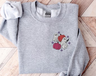 Bluza z haftowanym duchem: Upiorny, halloweenowy sweter z okrągłym dekoltem