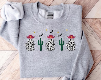 Besticktes Halloween Kuh Geist Sweatshirt: Western Cowboy Crewneck