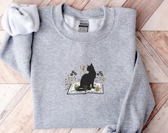 Embroidered Bookish Cat Crewneck Sweatshirt: Librarian Gift