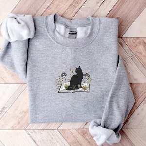 Bookish Crewneck Embroidered Sweatshirt, Cat Sleeping on Books, Unisex, Gift Idea, Womens Crewneck, Kitten, Cat Lady, Librarian Gift