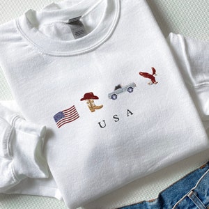USA geborduurd sweatshirt, Verenigde Staten, Amerika, Crewneck, Vlag, Cowboylaarzen, Cowboyhoed, Cowgirl, Vrachtwagen, Jeep, Eagle, Patriot, 4 juli