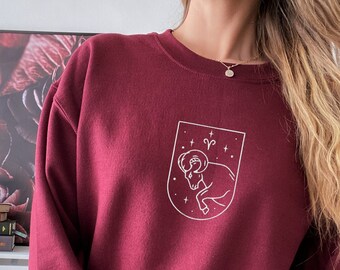 Sudadera bordada de Aries: cuello redondo acogedor de astrología