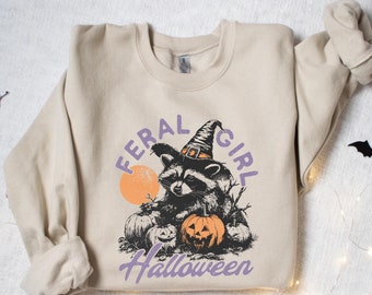 Retro Raccoon Halloween Sweatshirt: Funny Witch Pullover