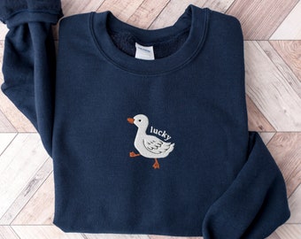 Embroidered Lucky Duck Sweatshirt: Cozy Goose Crewneck