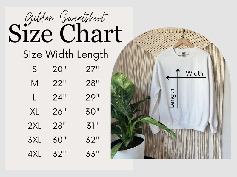 May include: A size chart for Gildan sweatshirts, showing the width and length measurements in inches for sizes S through 4XL.
