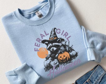 Retro Raccoon Halloween Sweatshirt: Funny Witch Pullover