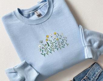 Sweatshirt met geborduurde wilde bloemen boho: minimalistische bloemen ronde hals