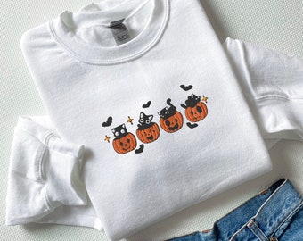 Embroidered Halloween Sweatshirt: Black Cat Pumpkin Design