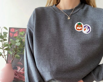 Embroidered Halloween Sweatshirt: Sugar Cookie, Pumpkin & Ghost Crewneck