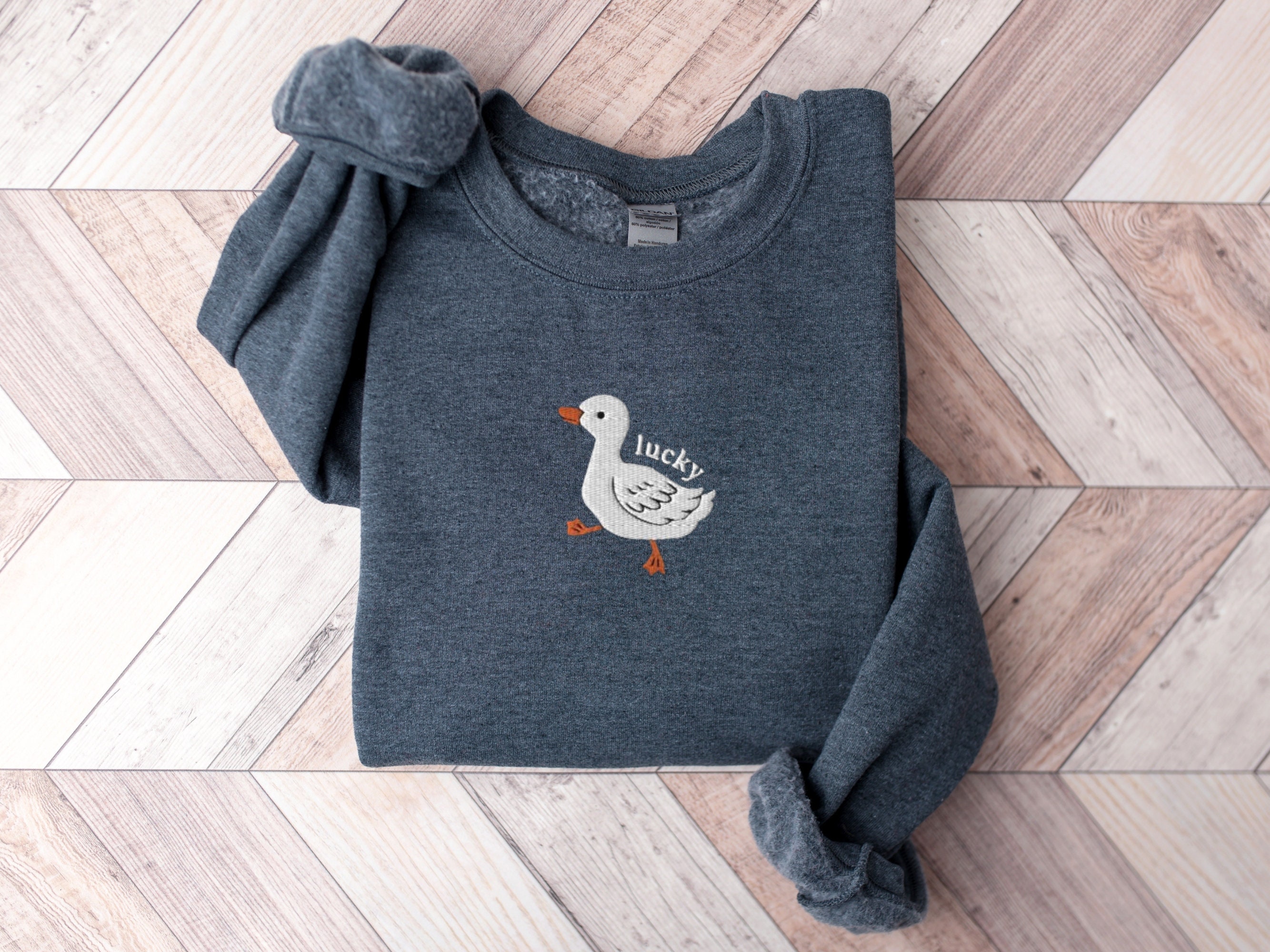 Embroidered Lucky Duck Sweatshirt, Embroidered Duck Crewneck Sweatshirt