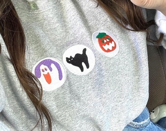 Embroidered Halloween Sweatshirt: Spooky Ghost, Pumpkin, Cat Crewneck
