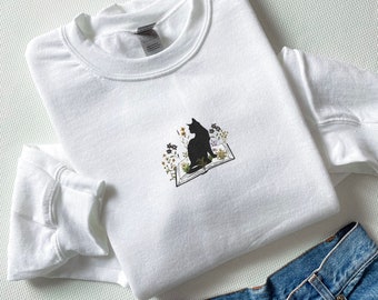 Embroidered Bookish Crewneck Sweatshirt: Cat on Books, Librarian Gift