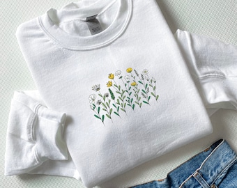 Sweatshirt met geborduurde wilde bloemen boho: minimalistische bloemen ronde hals