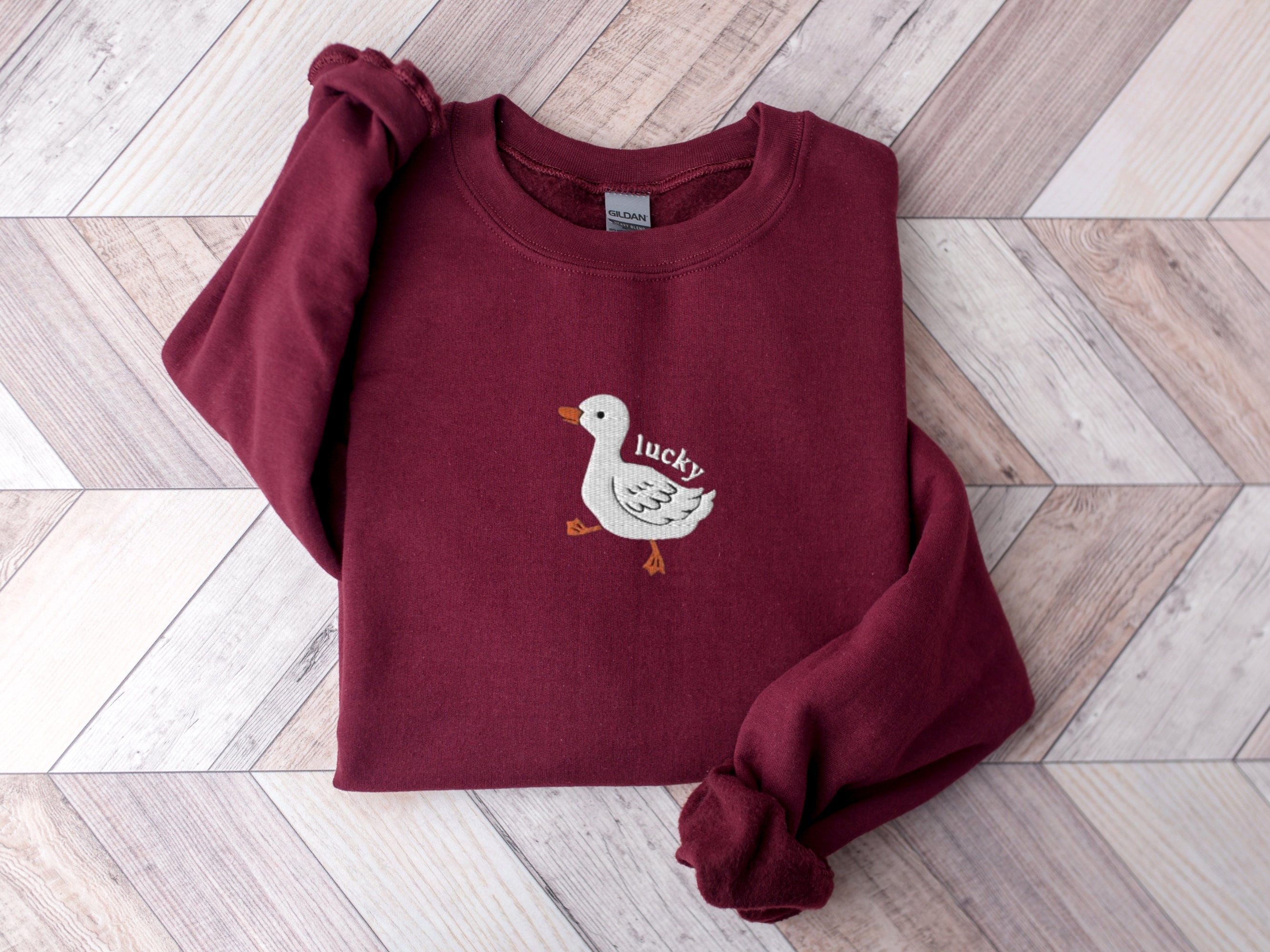 Embroidered Lucky Duck Sweatshirt, Embroidered Duck Crewneck Sweatshirt