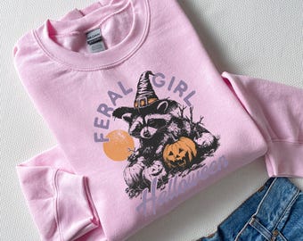 Retro Raccoon Witch Sweatshirt: Funny Halloween Pullover