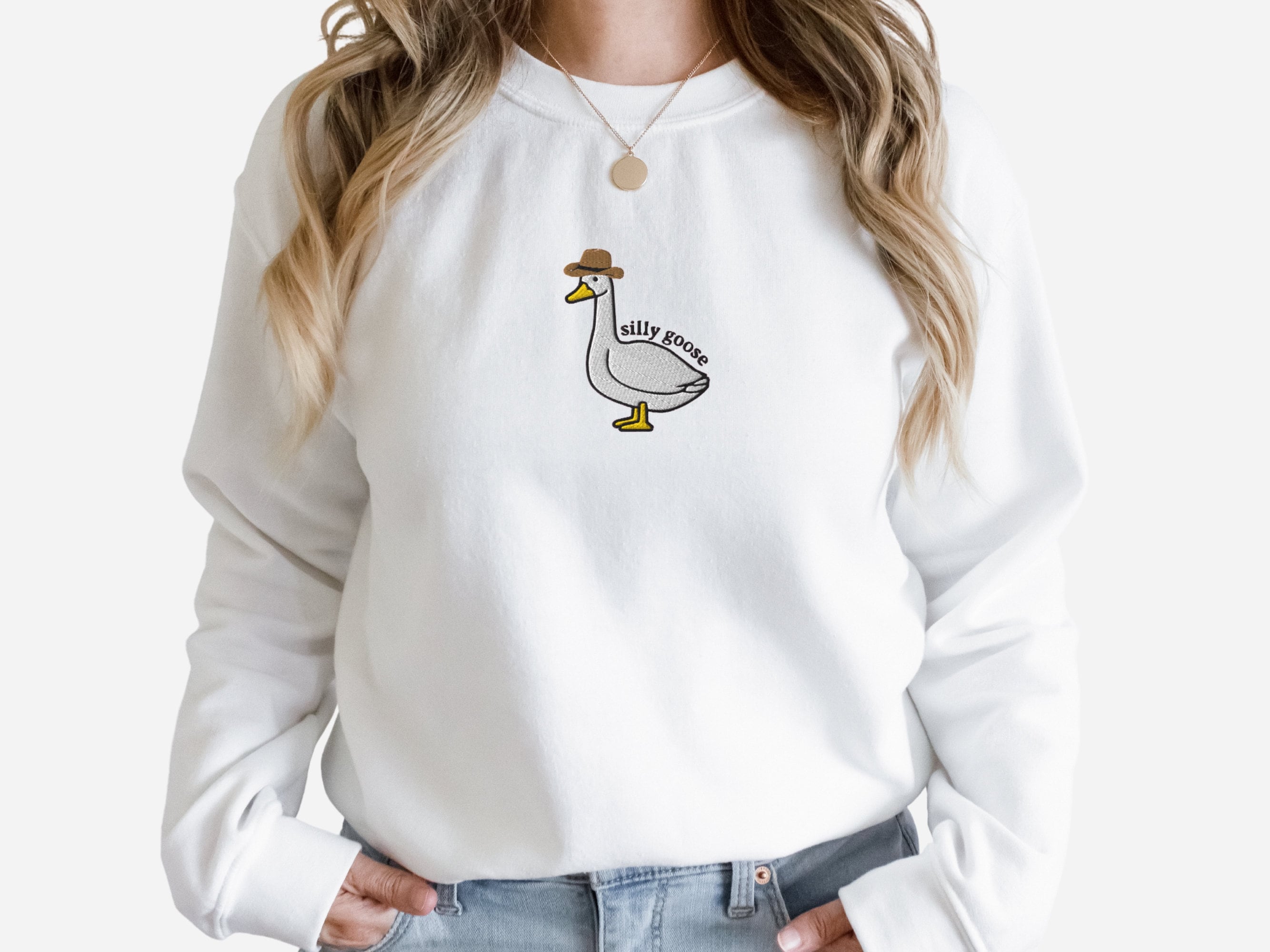 Embroidered Silly Goose Sweatshirt, Embroidered Cowboy Hat Crewneck Sweatshirt
