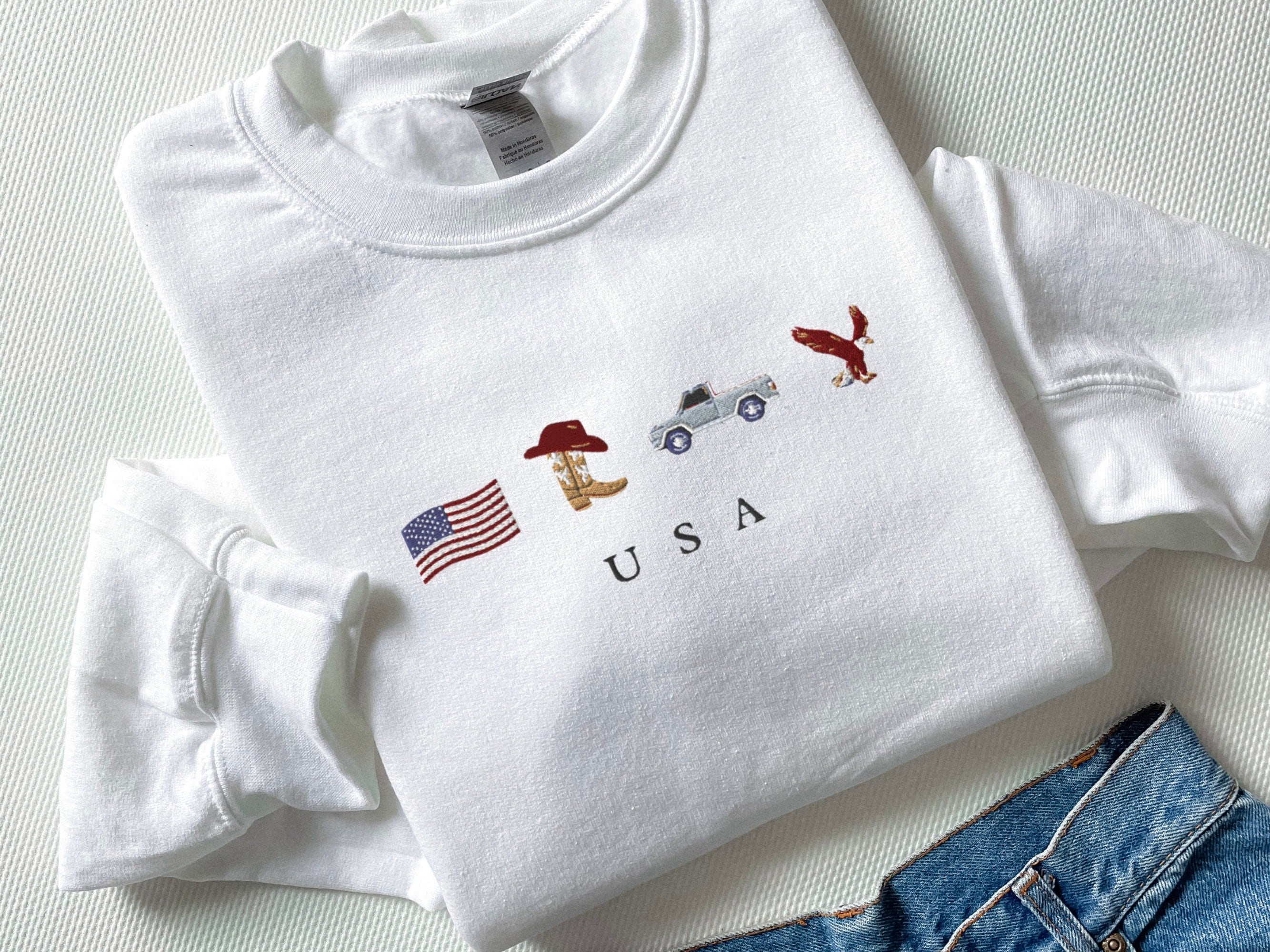 Embroidered USA Sweatshirt: Cowboy Boots, Eagle, Truck